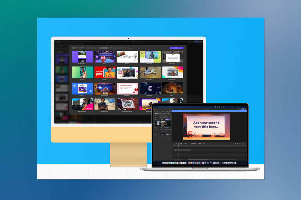 A desktop and laptop display two views of a video editing platform. The desktop screen shows a template library with colorful video thumbnails, while the laptop focuses on an editing workspace with text overlays and animation controls.