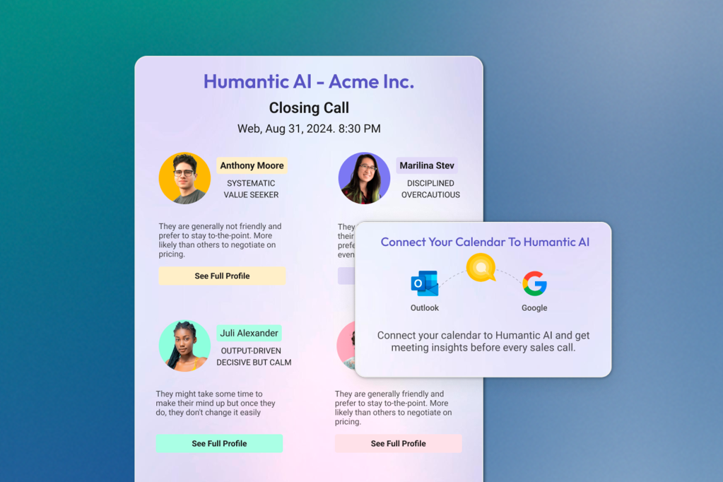 Interface for a closing call preparation tool from Humantic AI, showing personality profiles for team members and a prompt to connect calendars (Outlook or Google) for meeting insights.
