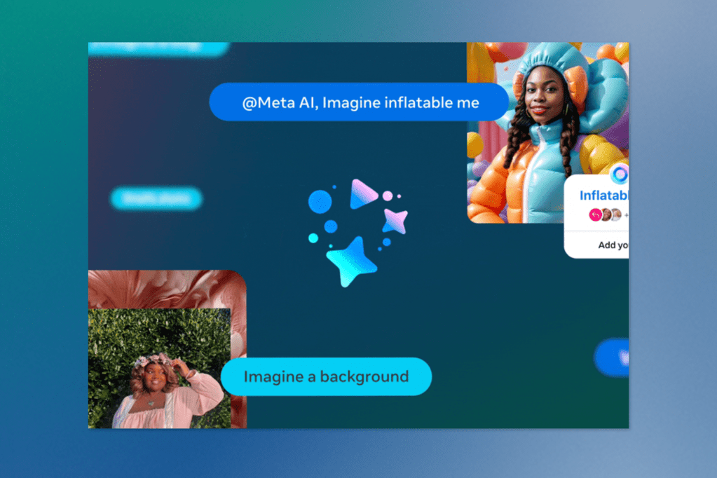 A chat with Meta AI includes a prompt asking it to "Imagine inflatable me," which generates a whimsical image of a woman in a colorful inflatable outfit. A second prompt suggests, "Imagine a background," showing another user photo alongside the AI output.