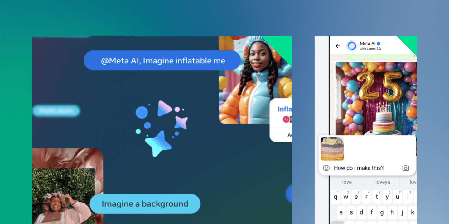 A conversation with Meta AI showcases a user typing "@Meta AI, Imagine inflatable me," resulting in an AI-generated image of the user wearing an inflatable outfit. A follow-up interaction shows the user asking how to recreate a colorful birthday setup with balloons and a cake.