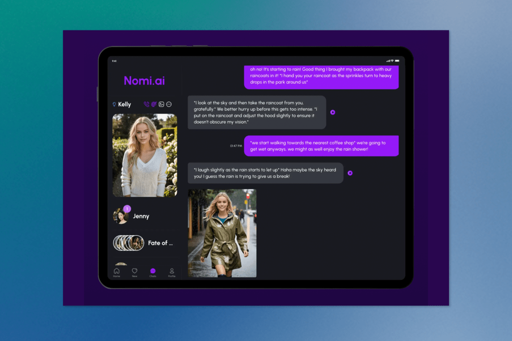 A tablet interface shows the Nomi.ai app where users interact with lifelike AI avatars. The conversation between the user and an AI named Kelly includes narrative-style messages about sharing a raincoat and walking to a coffee shop, blending storytelling and companionship.