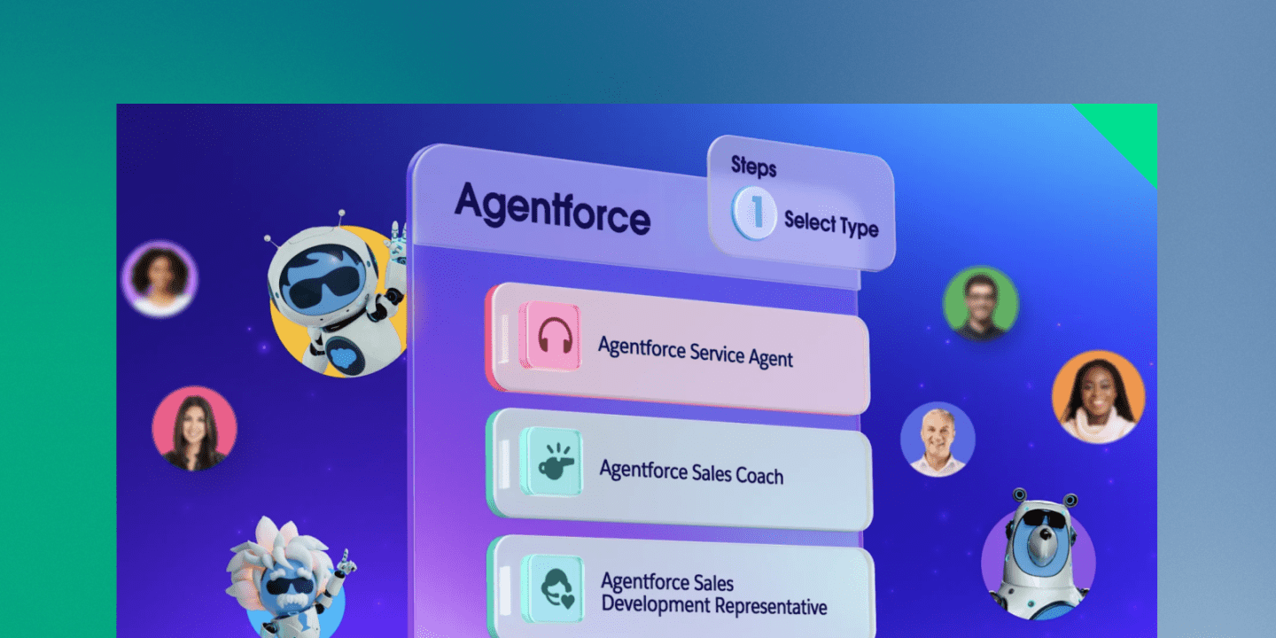 Interface for “Agentforce” showing a step-by-step role selection menu with cartoon robot characters and profile pictures. Options include Service Agent, Sales Coach, and Sales Development Representative.