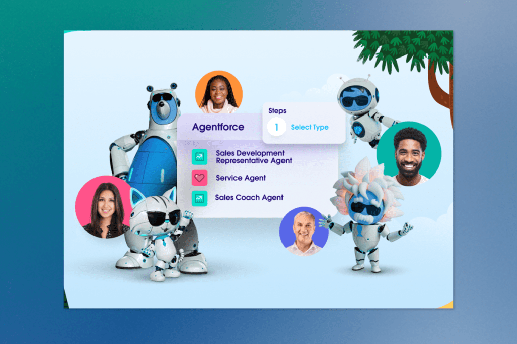 Whimsical Agentforce interface with playful robots and human faces around a role selector that includes options like Sales Development Representative Agent, Service Agent, and Sales Coach Agent.