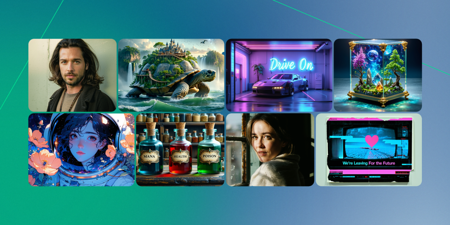 Collage of eight square images showing a variety of styles, including a portrait of a man, a giant turtle with a forest on its back, a neon-lit car garage, a fantasy terrarium, an anime-style astronaut, fantasy potion bottles, a dramatic portrait of a woman, and a sci-fi themed screen with a heart icon.