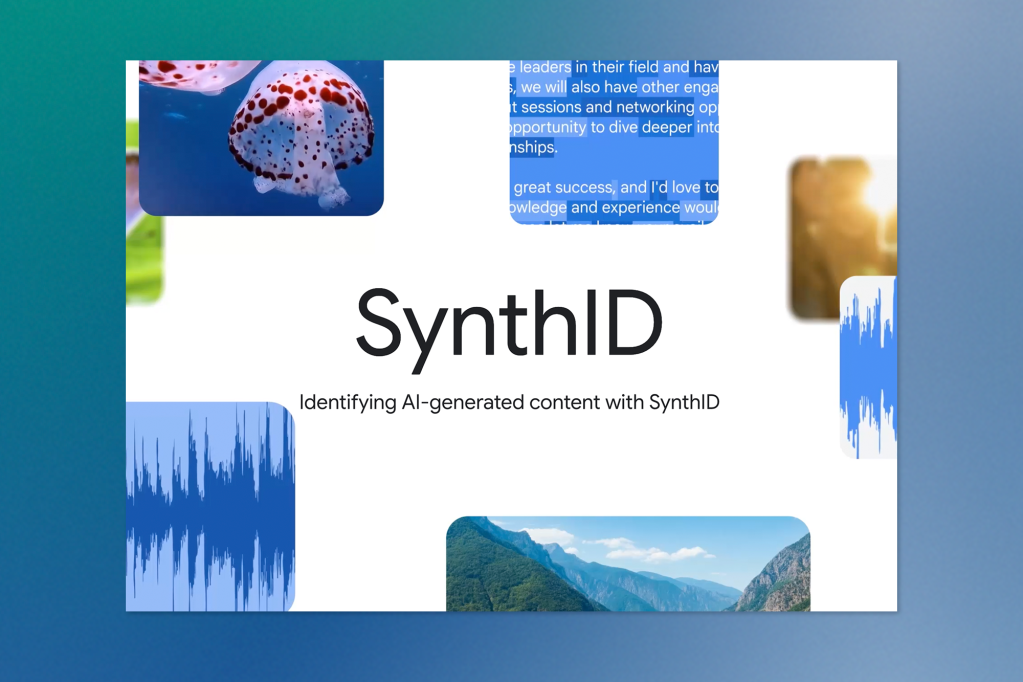 White background with abstract image overlays and soundwave patterns surrounding the text “SynthID – Identifying AI-generated content with SynthID.”
