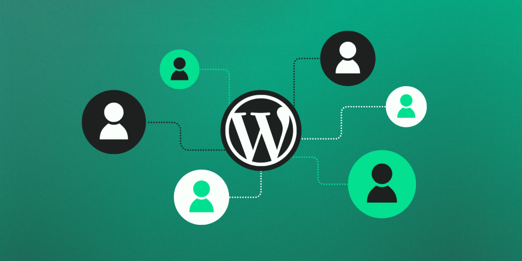 Central WordPress logo connected to multiple user icons through dotted lines, symbolizing a network of contributors, editors, or site users within a WordPress environment.