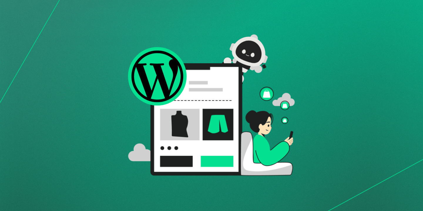 Illustration showing a stylized WordPress interface with a shopping layout, a person using a phone, and a small robot character hovering above the interface. The WordPress logo is prominently displayed in front of the interface. The background is a green gradient with subtle cloud and icon elements, suggesting online shopping or eCommerce.