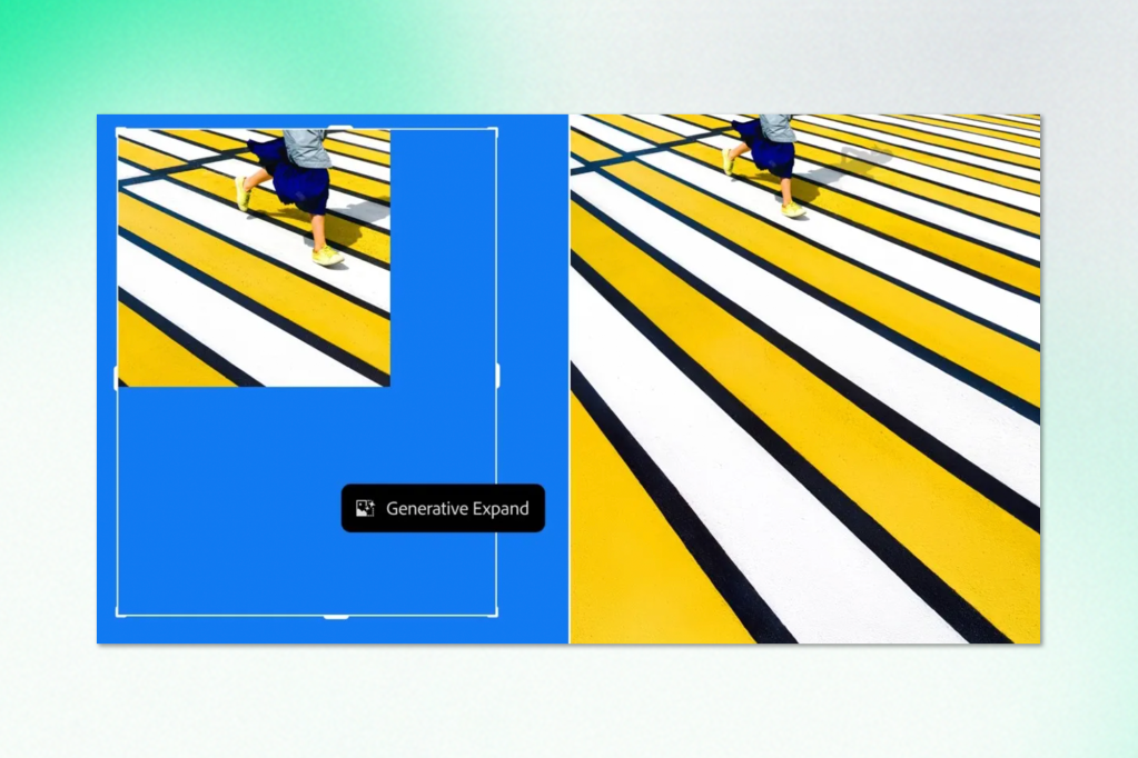 Split-screen image demonstrating Adobe Photoshop’s “Generative Expand” feature. On the left, a cropped section of a child running on a yellow-and-white striped surface is being expanded using a blue bounding box. The right side shows the fully extended image with seamless background completion.
