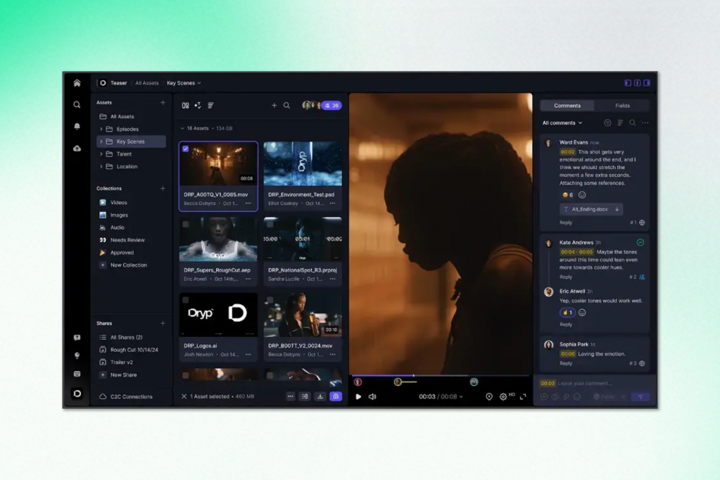 Dark-mode interface of a collaborative video editing and asset management platform. The screen is divided into an asset library on the left, a video preview window in the middle, and a comment panel on the right where users are giving time-coded feedback on a cinematic shot.