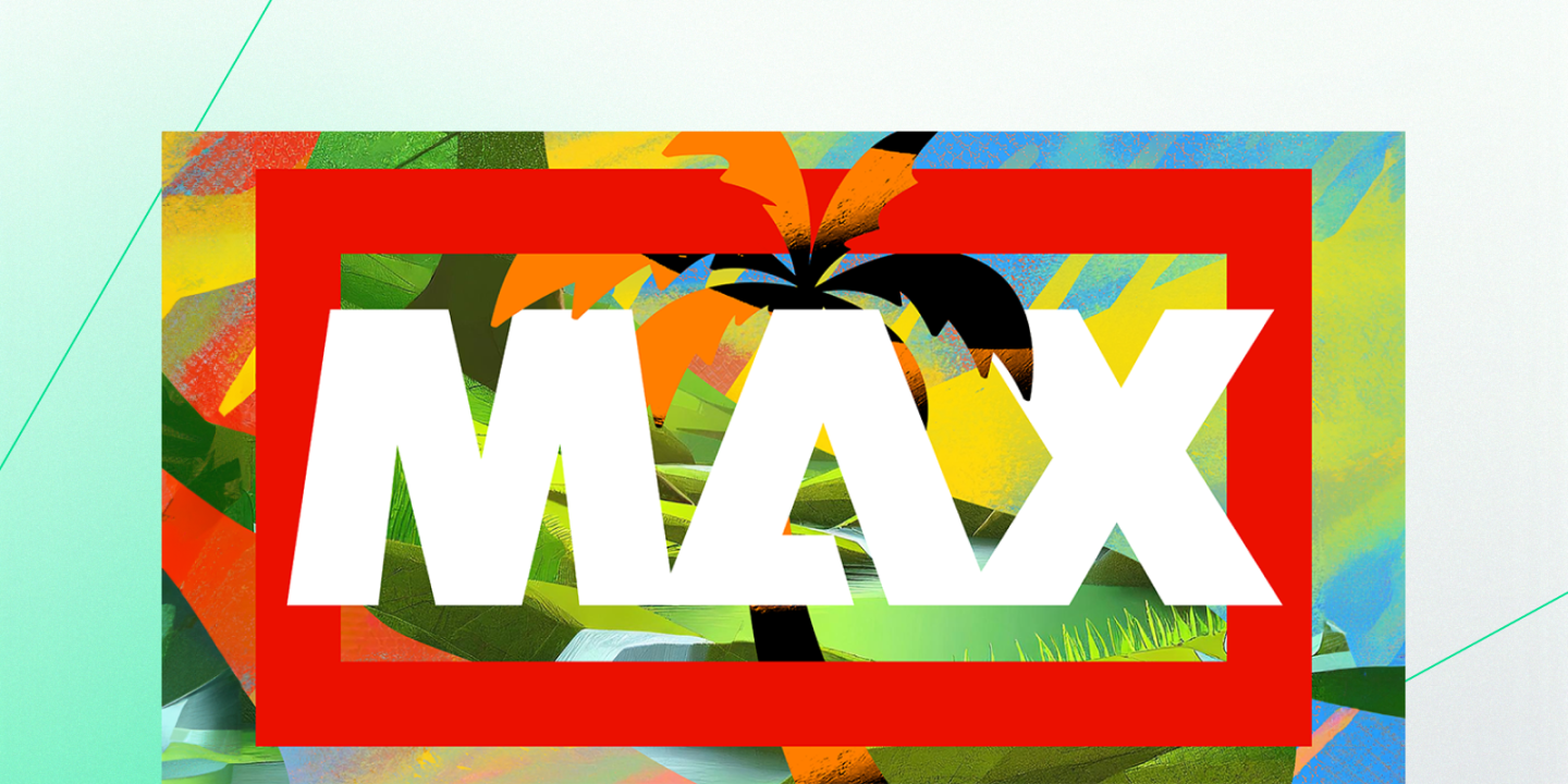 Colourful graphic design with the word “MAX” in bold white letters centered within a thick red rectangular frame. Behind the text, there’s an abstract tropical landscape featuring a palm tree and vivid brushstroke textures in shades of green, yellow, orange, and blue.