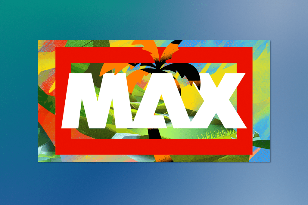 Graphic design featuring a bold white "MAX" text over a red rectangular frame, with a colourful tropical background including palm tree silhouettes and abstract shapes.