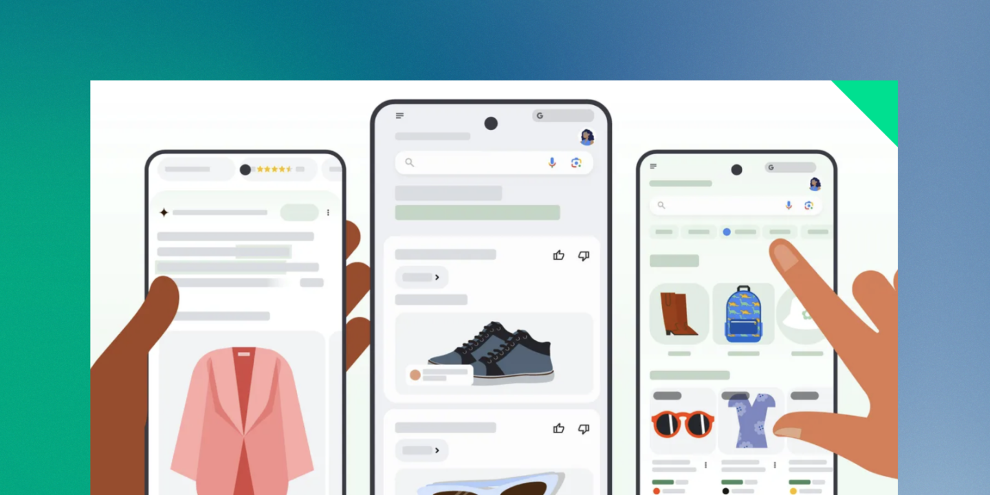 Illustration of three smartphones displaying various online shopping interfaces, with hands interacting with product listings such as a pink jacket, black sneakers, and accessories.