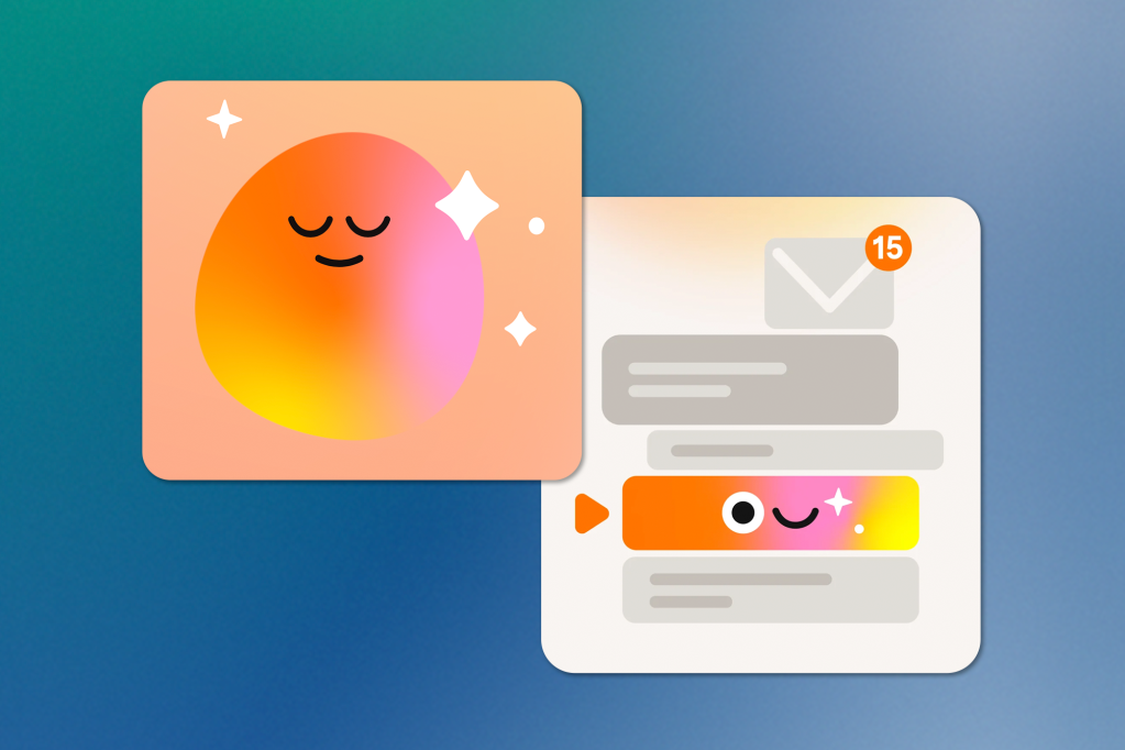 Cartoon-style graphic showing a gradient orange character with a peaceful expression next to an interface with notifications, messages, and a smiling icon on a button.