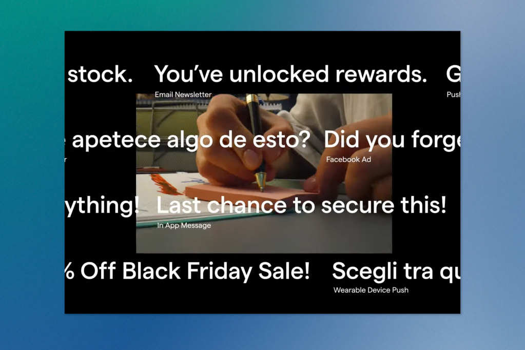 Image of a person writing on a sticky note, overlaid with various marketing messages such as “You’ve unlocked rewards” and “Last chance to secure this,” in multiple languages and formats like email, Facebook ads, and push notifications.