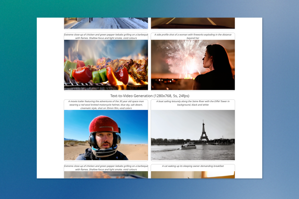 Grid of text-to-video examples, including visuals like grilled kebabs, fireworks, a man in a red helmet in the desert, and a boat near the Eiffel Tower, with accompanying captions.
