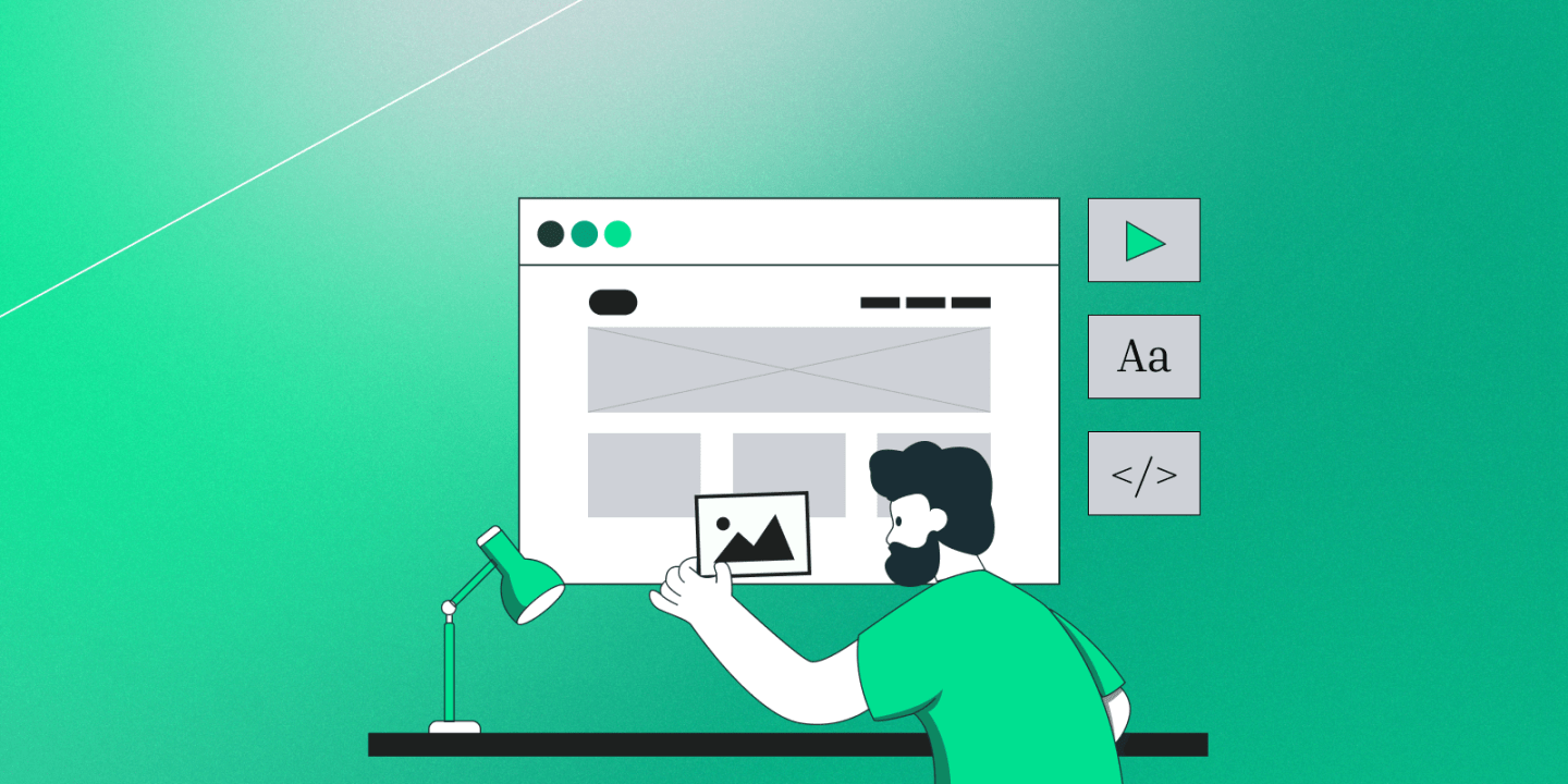 Illustration of a person at a desk designing a web layout. The figure is placing an image into a website wireframe displayed on a screen. Beside the screen are three UI buttons: a play icon, a text formatting icon ("Aa"), and a code symbol (""). A green desk lamp sits on the desk. The background features a smooth green gradient with a diagonal white line.
