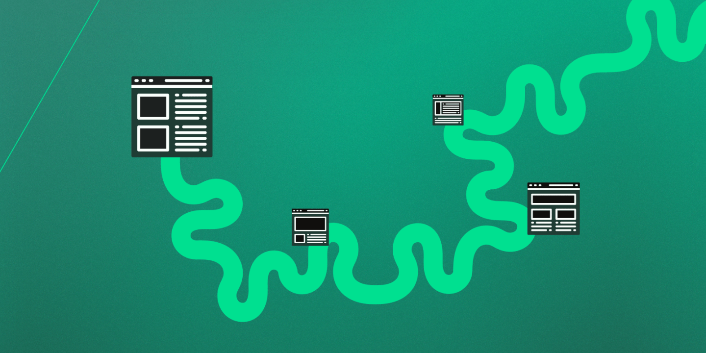 Illustration of a winding green path connecting four stylized web page icons across a dark green background. Each icon represents a different type of website layout, symbolizing a journey or process involving multiple web stages or interconnected pages.