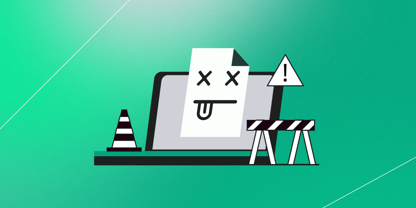 Illustration of a laptop with a distressed or crashed file icon displaying a "dead face" (X eyes and tongue out), surrounded by a warning cone, a barrier, and a triangular warning sign with an exclamation mark, symbolizing a system error or website crash on a green background.