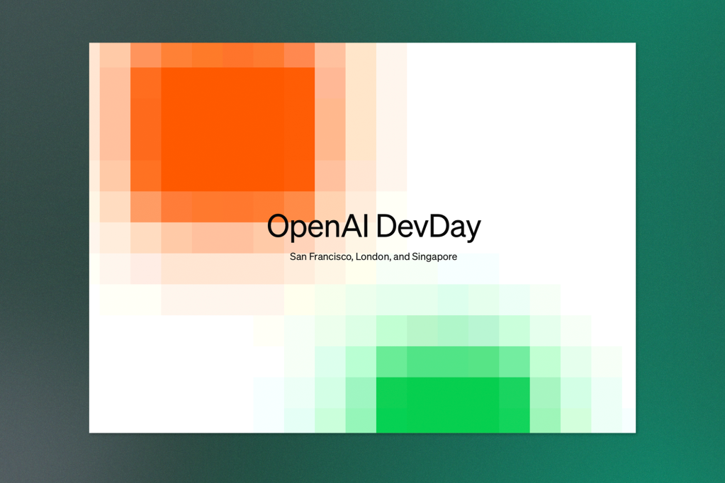OpenAI DevDay promotional graphic featuring a white background with large, pixelated gradient blocks in orange (top left) and green (bottom right). Centered text reads “OpenAI DevDay” with the locations “San Francisco, London, and Singapore” listed below in smaller font. The design has a modern and minimal aesthetic.