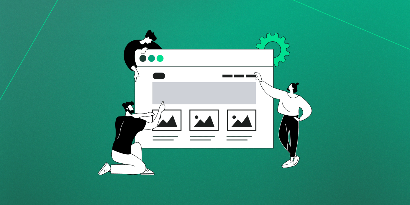 Illustration of three stylized characters collaboratively building a website interface. They are interacting with a large browser window mockup that features images, text blocks, and navigation elements. A green gear icon appears in the background, suggesting customization or settings. The background is a gradient green with diagonal lines.