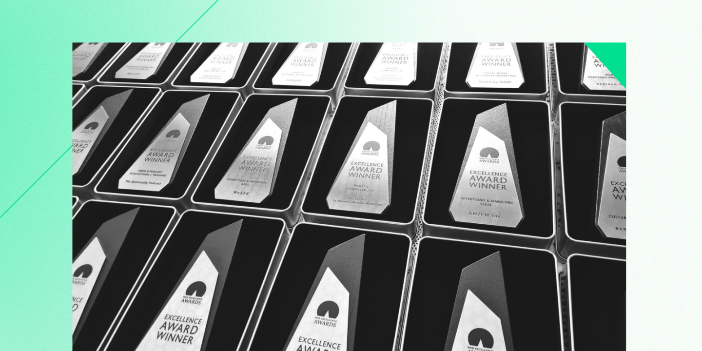 Rows of silver and black trophies labeled “Excellence Award Winner” arranged neatly in boxes. The trophies have a triangular shape and display the Awards International logo.