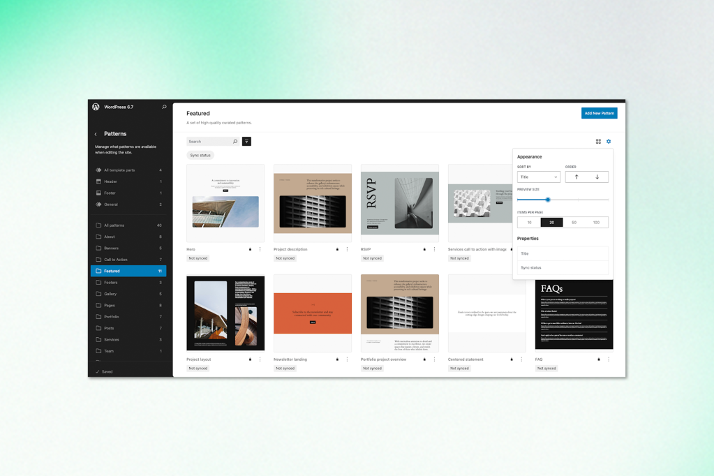 WordPress 6.7 pattern management screen with the Featured category selected. The right-hand menu includes appearance controls like preview size and sort order. A grid layout shows high-quality curated pattern blocks such as project layouts, FAQs, and hero sections with thumbnails and sync status indicators.
