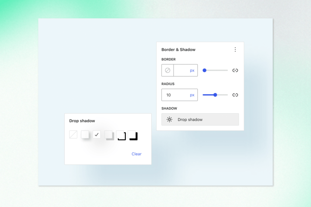 UI panel showing new design controls in WordPress 6.7, including drop shadow and border radius sliders. Options allow users to customize appearance with varying shadow styles and pixel settings, adding design flexibility to blocks.