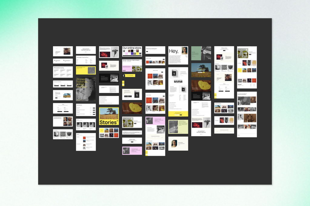 Zoomed-out view of a full WordPress pattern library on a dark background. Dozens of layout blocks are displayed, including headers, galleries, product sections, and text-image combinations in various styles and colours like black, white, yellow, and red.