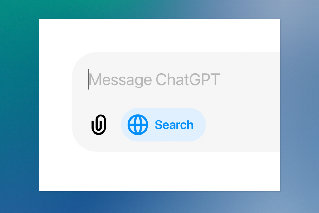 Chat interface with a message input box labeled 'Message ChatGPT'. Below the input field are icons for attachment and a blue globe icon labeled 'Search'.