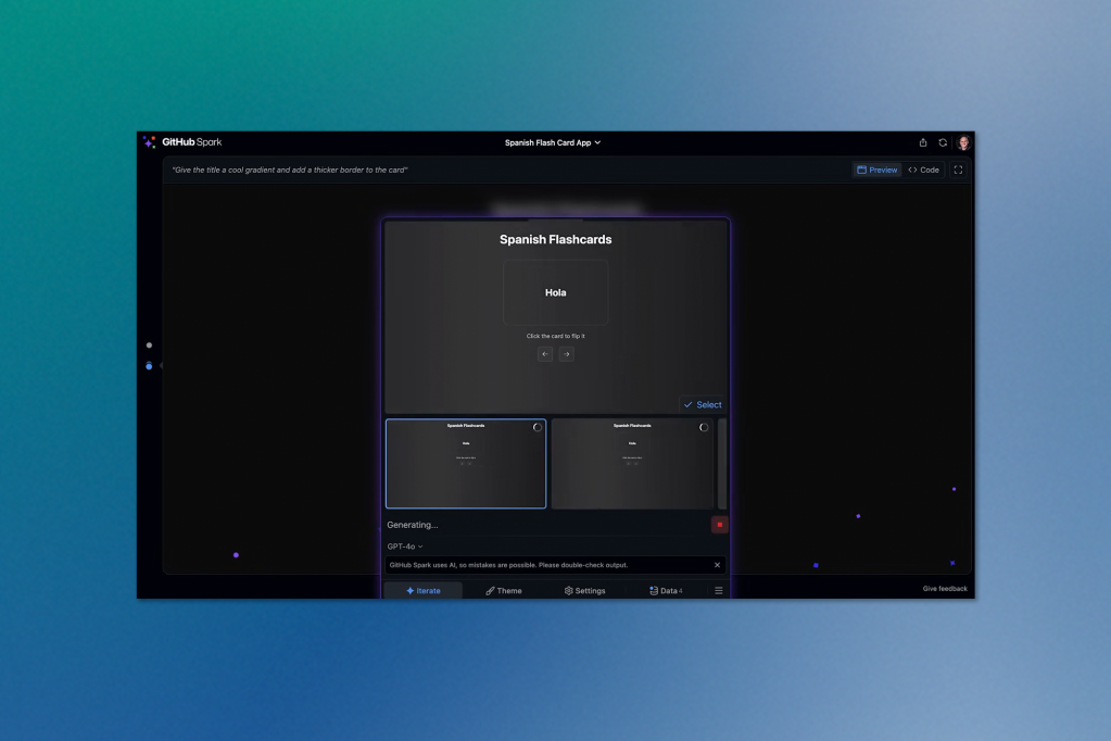 A screenshot of GitHub Spark showing a Spanish flashcard application interface. The app displays a flashcard with "Hola" on it and instructions to "Click the card to flip it." There are navigation buttons below and thumbnail previews of other cards. At the top of the interface is a note saying "Give the title a cool gradient and add a thicker border to the card."