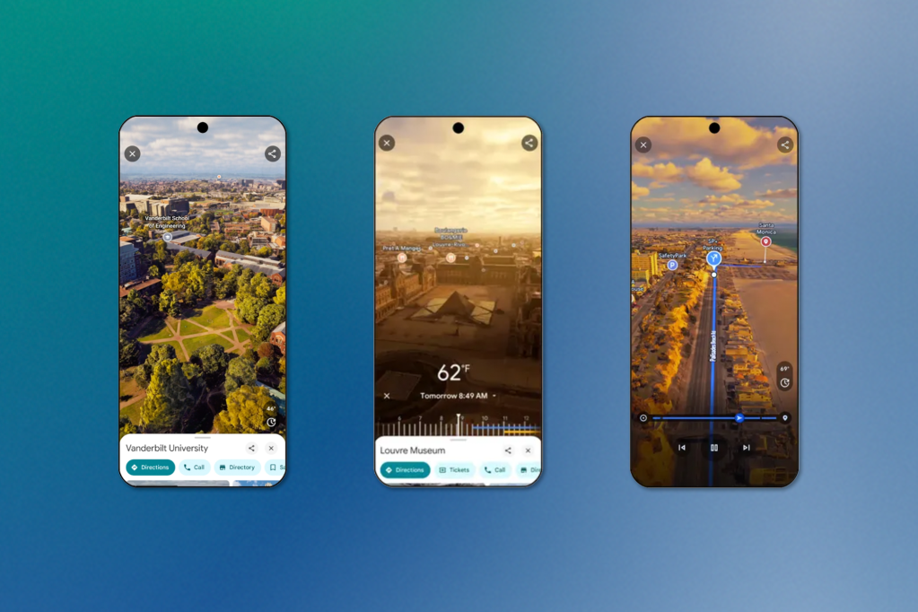 Three mobile device screens displaying a location/map application with a teal-to-blue gradient background. The screens show: Vanderbilt University (left), Louvre Museum (middle), and what appears to be a coastal area (right). Each screen has navigation options like "Directions," "Call," "Tickets," etc. The middle screen also displays weather information (62°F).