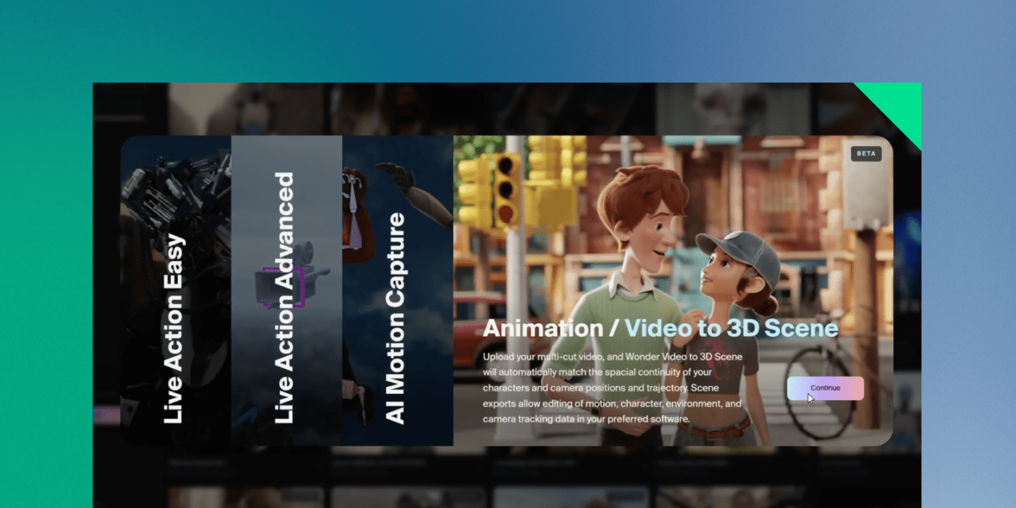 Interface of an AI animation platform showing options for 'Live Action Easy', 'Live Action Advanced', 'AI Motion Capture', and 'Animation / Video to 3D Scene'. The last option is selected, displaying a 3D animated scene of two characters in a city setting with descriptive text about converting video to 3D.
