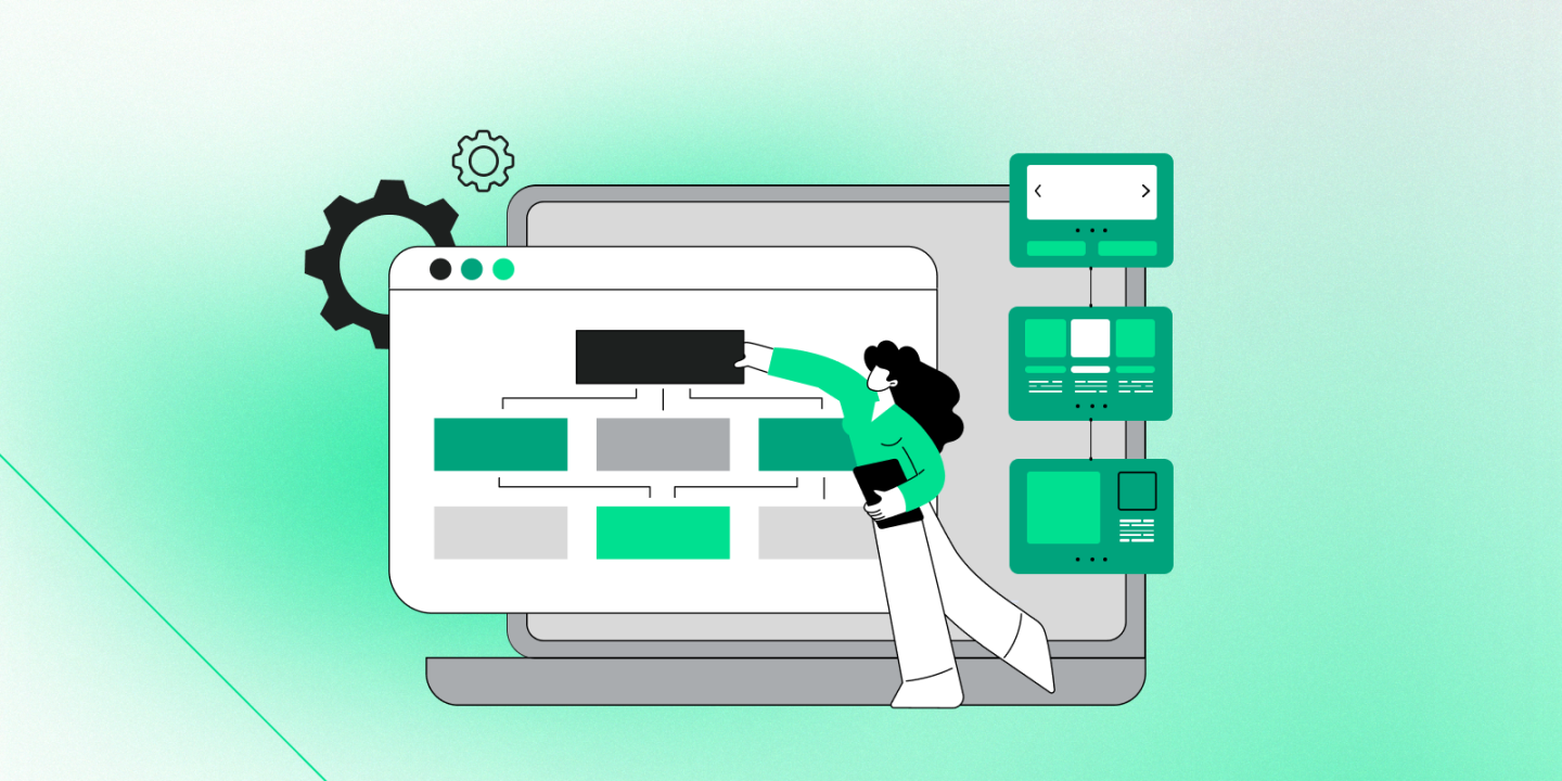 Illustration of a woman organizing a website structure on a large screen, representing content or site architecture planning. Surrounding elements include browser windows, interface mockups, and gear icons, all on a green gradient background.