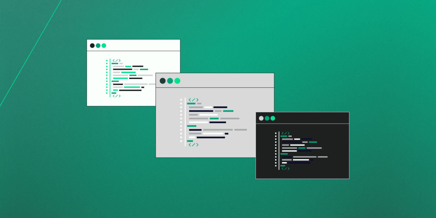 Illustration of three overlapping code editor windows in white, grey, and black themes, each displaying multicoloured lines of code. The windows float against a green gradient background, symbolizing different development environments or themes in code editing.