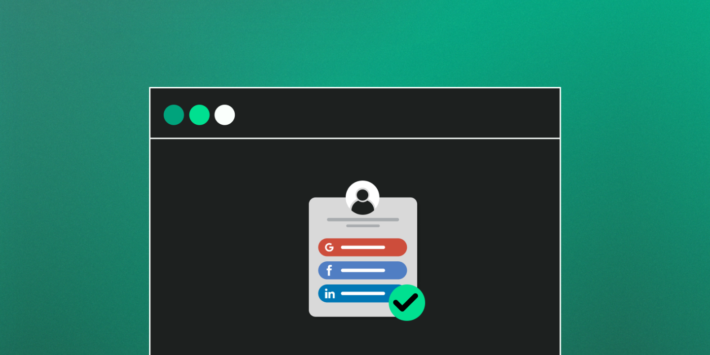 Illustration of a dark-themed browser window showing a user login card with social sign-in options for Google, Facebook, and LinkedIn. A green checkmark icon indicates successful authentication.