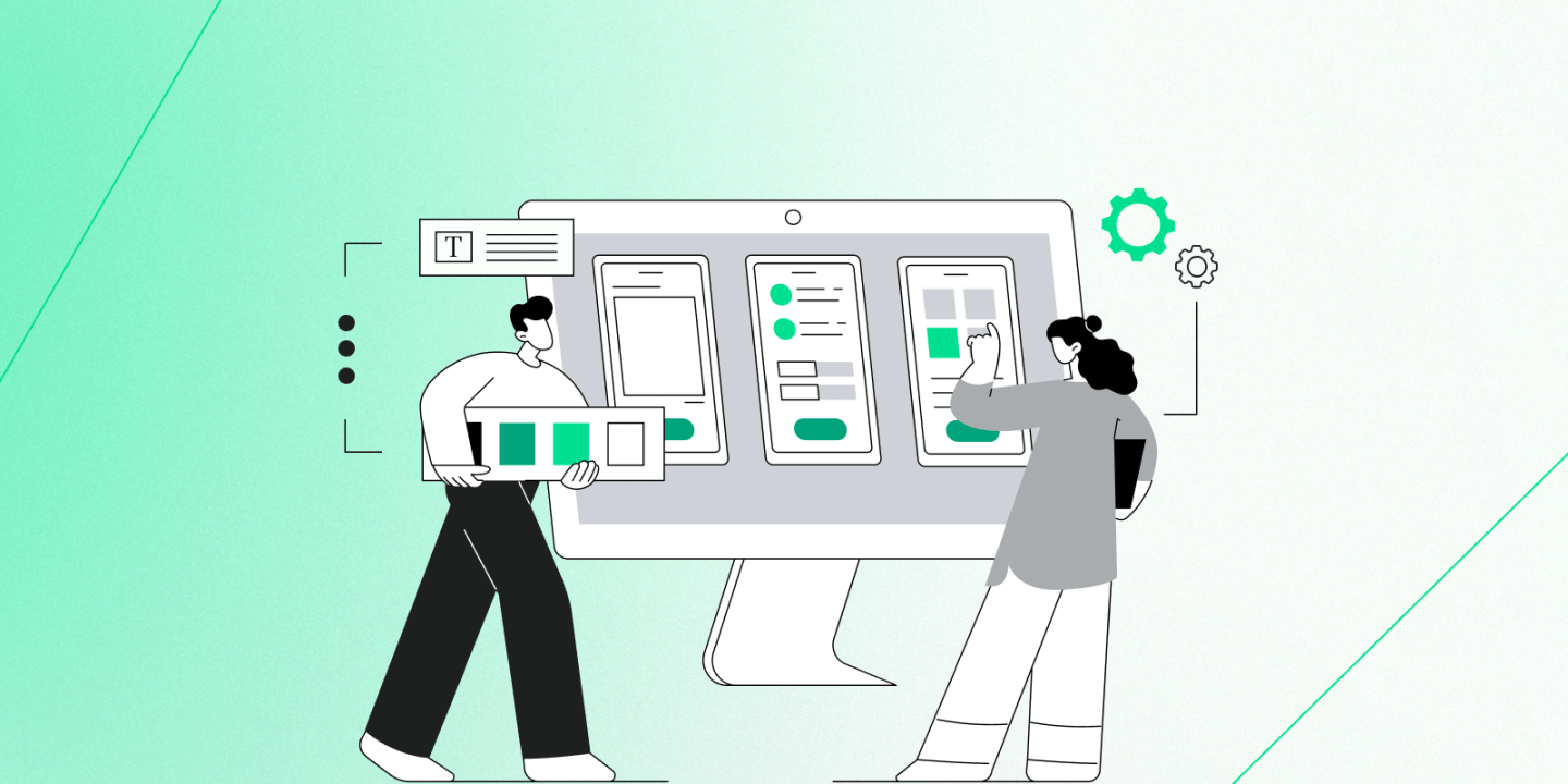 Illustration of two people collaborating on a large digital interface displayed on a monitor. One person is holding a colour palette and text block, while the other is pointing at a wireframe layout of mobile screens. Gears and UI elements in the background suggest user interface or experience design, prototyping, or app development.