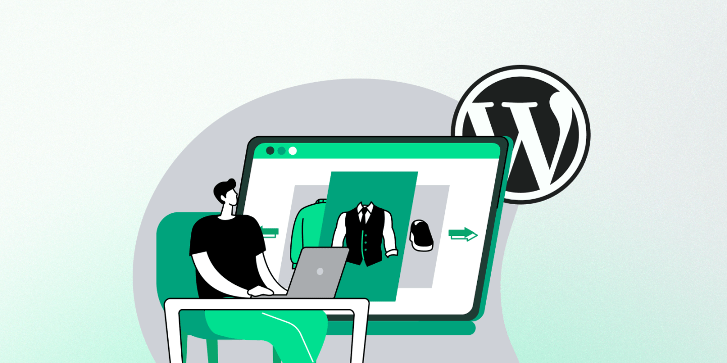 Illustration of a person sitting at a desk using a laptop, with a large screen behind them displaying an online store interface featuring clothing and accessories. The WordPress logo appears in the background, indicating the use of WordPress for eCommerce or online product management. The design uses a clean, modern green and white colour scheme.