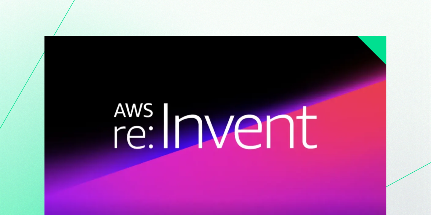 AWS re:Invent logo displayed on a vibrant gradient background transitioning from black to purple and pink. The text “AWS re:Invent” is written in clean white font, representing Amazon Web Services’ annual cloud computing conference.