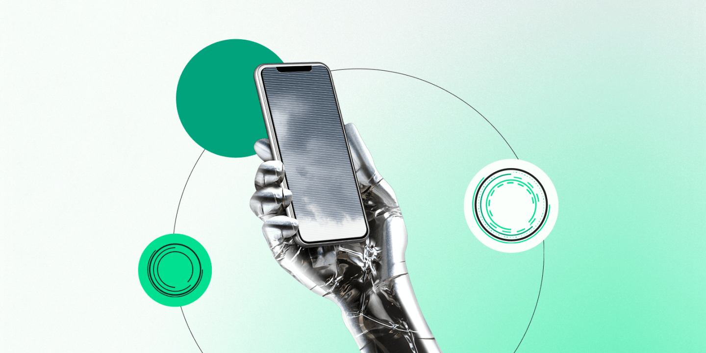 A robotic hand holding a smartphone with a reflective screen, surrounded by abstract circular shapes on a green and white gradient background.