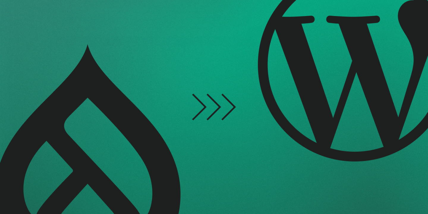 Illustration showing a transition from the Drupal logo on the left to the WordPress logo on the right, connected by three right-pointing arrows. The image suggests a migration or shift from Drupal to WordPress, with a green gradient background.