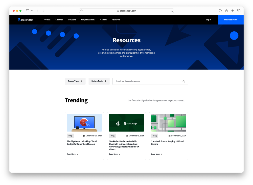 StackAdapt Resources page showcasing a searchable hub for digital advertising content, with featured articles under the "Trending" section.