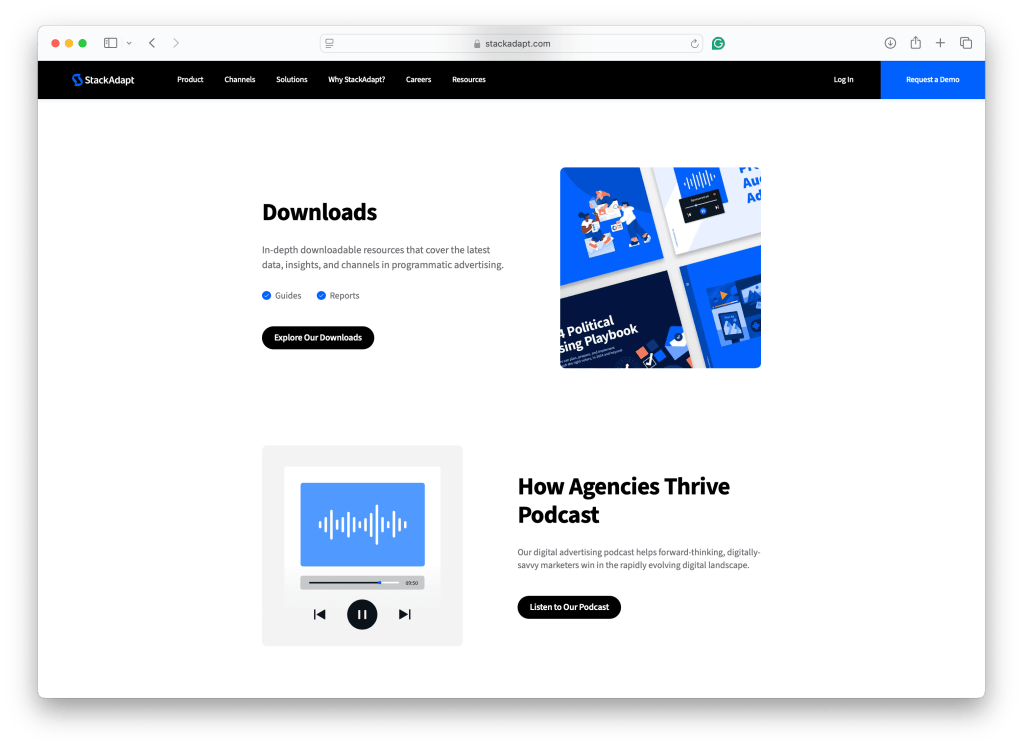 StackAdapt Downloads and Podcast page offering access to downloadable guides and reports, along with a section promoting the "How Agencies Thrive" podcast.