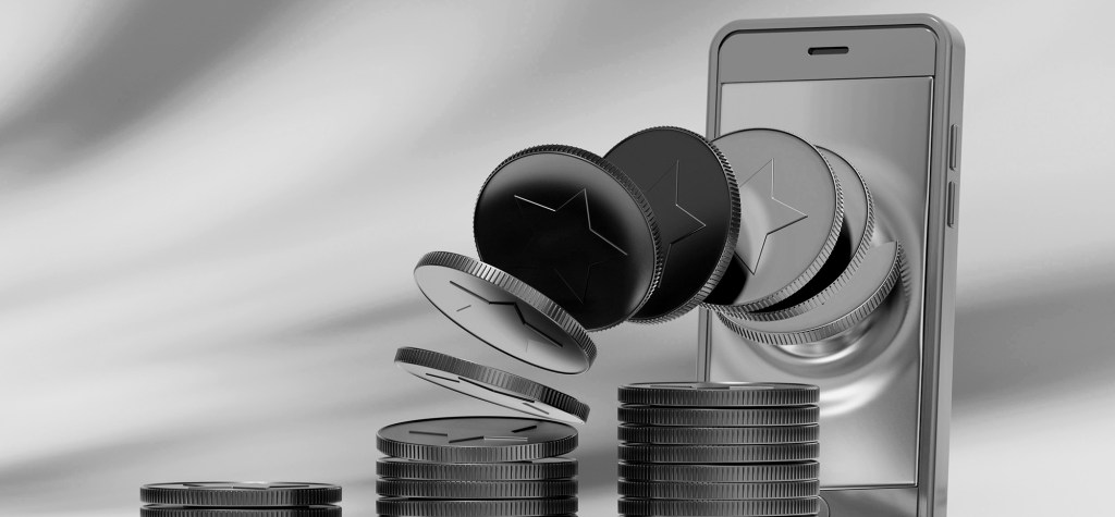 Illustration of a mobile phone with loyalty coins emerging from the screen and stacking on a surface, symbolizing digital rewards and customer engagement through loyalty programs.