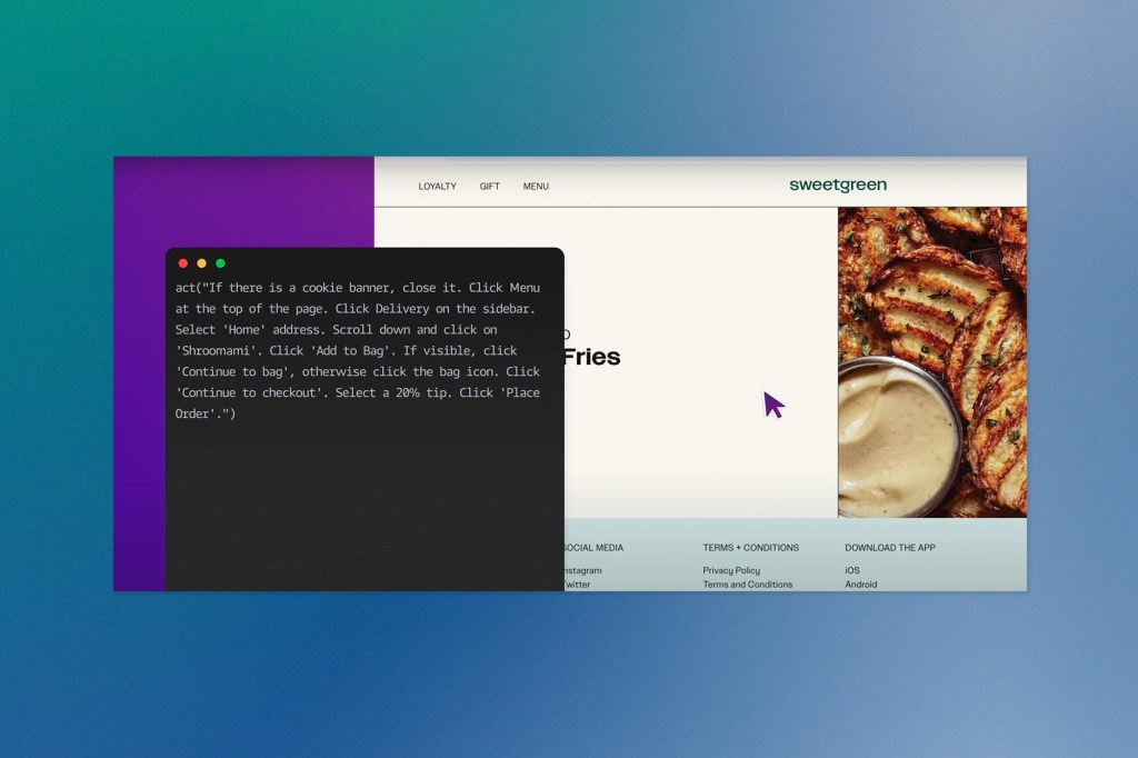 Screenshot of a food ordering page on Sweetgreen with a code window overlay. The code uses natural language to automate the process of placing an order, from dismissing a cookie banner to selecting a tip and placing the order.