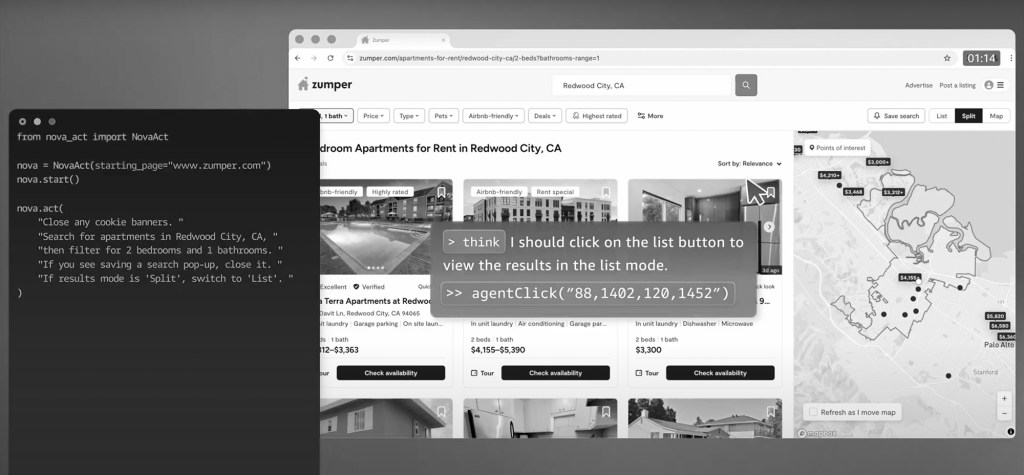 Screenshot of an apartment search on Zumper with code from Amazon's Nova Act on the left side. The code contains instructions to search for apartments in Redwood City, close cookie banners, and switch view modes. A purple tooltip on the page reads: “> think I should click on the beds/baths filter to open it.”