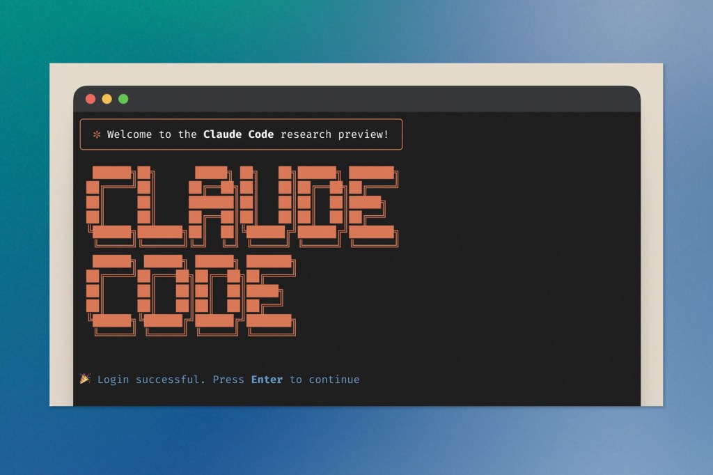 A stylized terminal window showing the text “CLAUDE CODE” in large orange block letters, with a message at the top saying “Welcome to the Claude Code research preview!” and a login success message at the bottom.