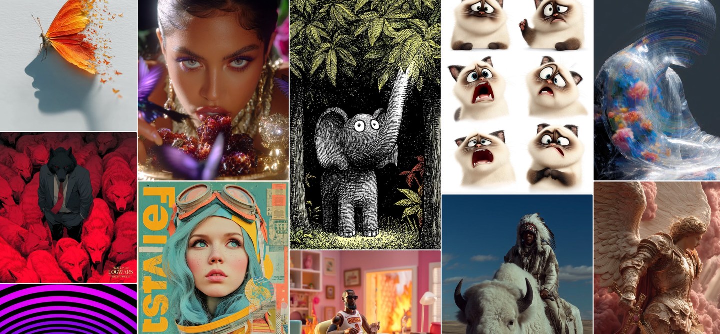 Screenshot of the new Midjourney website interface showing various AI-generated artworks, including digital illustrations and abstract photography.
