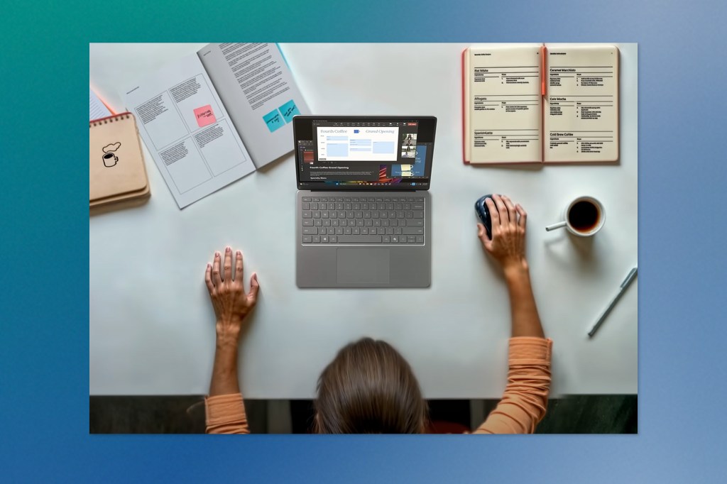 Person working at a neatly organized desk with a laptop, open notebooks featuring design sketches and menu planning, and a cup of coffee, viewed from above.