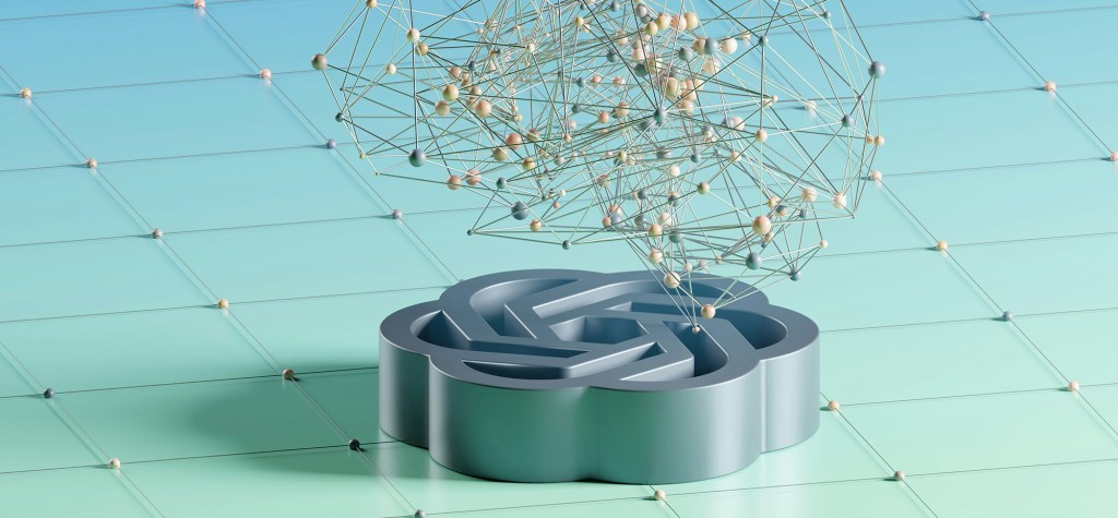 A 3D-rendered image of the OpenAI logo in metallic blue on a grid-patterned surface. Above it floats a neural network structure made of interconnected nodes and wires, representing artificial intelligence and data connectivity.