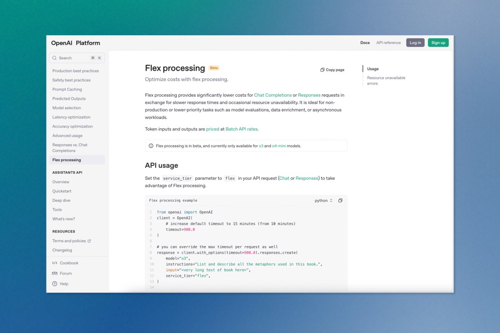 Screenshot of OpenAI’s documentation page detailing the “Flex processing” beta feature, explaining how to optimize costs for API usage. The interface shows sample Python code and usage instructions in a clean white layout with a sidebar menu.